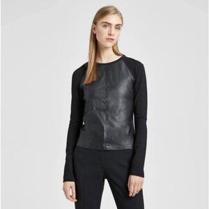 Theory Bristol Leather Raglan Top Black Stretch Knit Size Small Long Sleeve